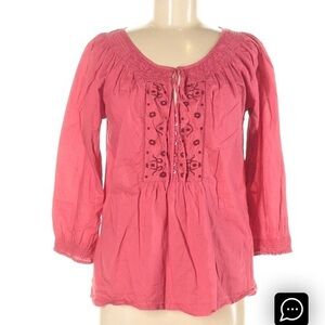 Izod size M blouse Coral orange BOHO 3/4 sleeve embroidered 100% Cotton ruched